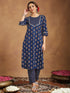 Janasya Women's Dark Blue Pure Cotton Floral Printed Straight Kurta Pant Set
